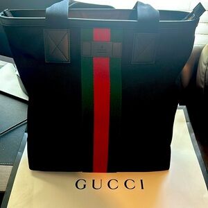 Authentic Gucci Black Web Stripe Canvas Tote Bag